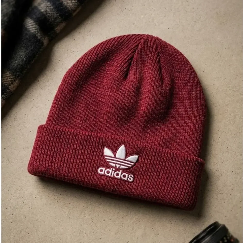 Adidas Originals Trefoil Beanie Hat Maroon Burgundy Fold Over Streetwear Skater